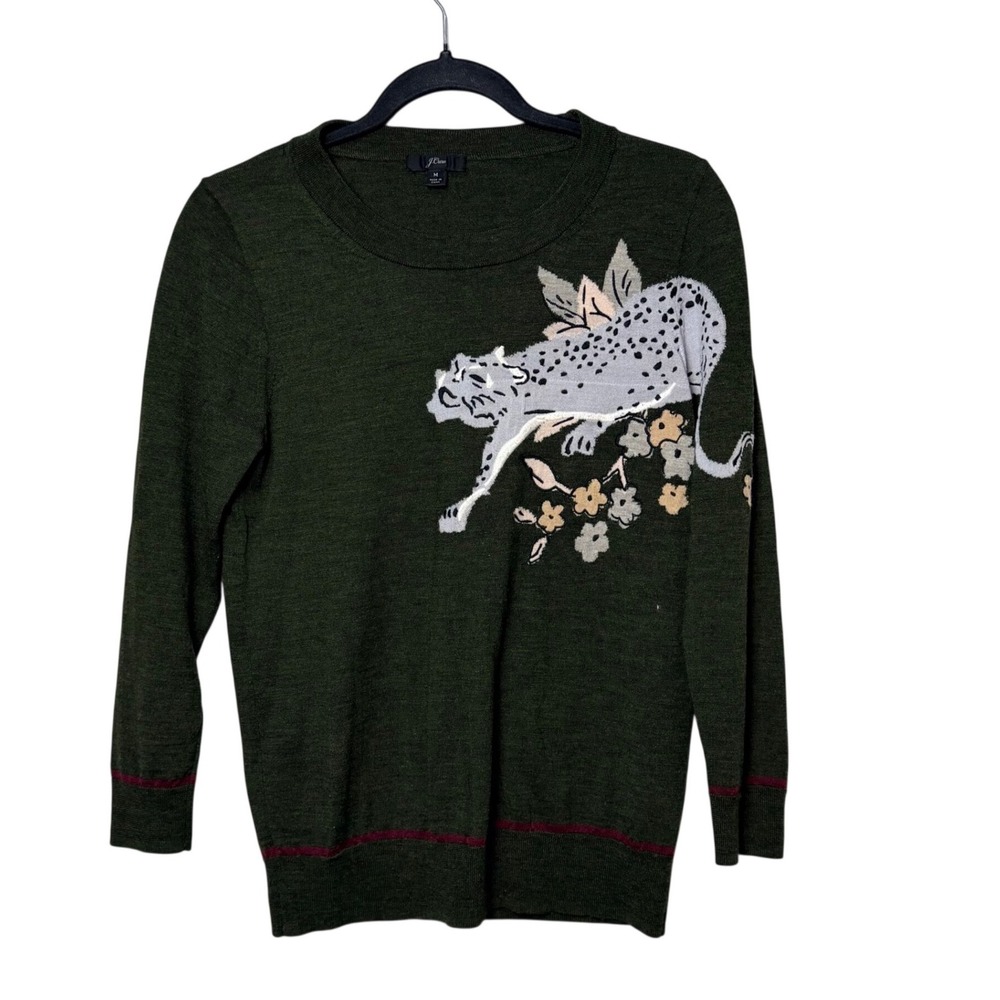 J.Crew Tippi Merino Wool Sweater Olive Green Leopard Floral Intarsia Medium